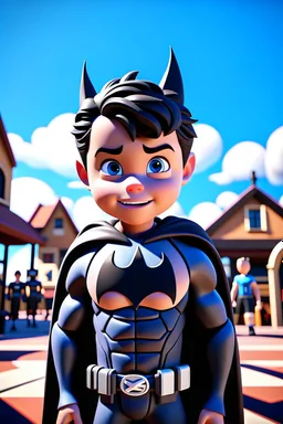 Disney Pixar style image. White boy with straight brown eyes and hair, approximately 5-6 years old, dressed as the superhero Batman. He should look strong, muscular and courageous. In the background a school with children playing., 3d render, cinematic