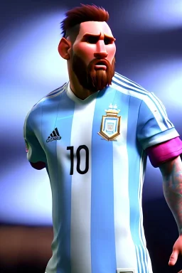 Realistic Messi Argentina soccer player Portrait, mid shot low view, concept art, art station, 3d, photo studio, blue clean background, unreal engine 5, ray tracing, RTX, lumen lighting, ultra detail, volumetric lighting.