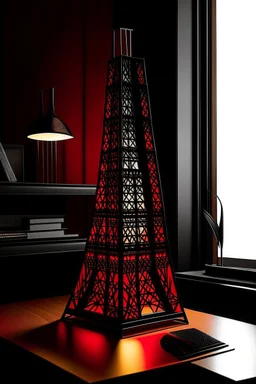 gaming table lamp inspired by burj khalifa tower buliding architecture futuristic-modern stlye. geometric form, red and black color scheme