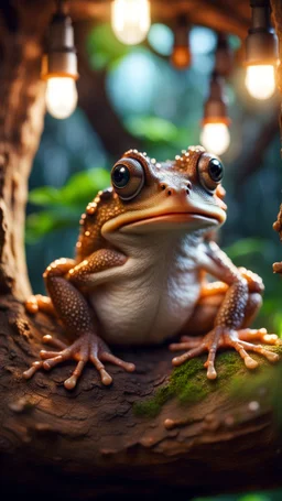 portrait of hairy frog living inside a tree house in a hollow huge tree growing light bulbs,bokeh like f/0.8, tilt-shift lens 8k, high detail, smooth render, down-light, unreal engine, prize winning