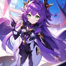 Clear focus,High resolution,High quality, Smiling, Purple long fluffy hair, Green eyes, Wearing a pink mech uniform, Honkai Impact Star Rail