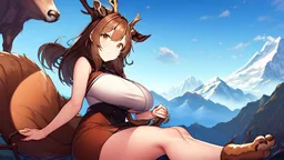 One Girl, mountain, sit , deer hoof foot, brown hair, (2: big breasts), deer face, deer tail,