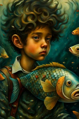 a painting of a young boy riding a fish, a storybook illustration by Esao Andrews, cgsociety, pop surrealism, storybook illustration, whimsical, detailed painting, ukiyo-e style