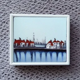 tiny oil painting of tiny seaside village, plain white background, solid white background, tiny white canvas, tiny white frame, melancholy, tender, moody, vintage, delicate arrangement, beautiful composition, etsy, aesthetic layout, plain solid white background