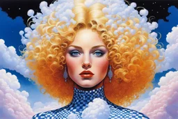 [art by Philippe Druillet] an impossibly tall woman with curly golden hair piled atop her head, wearing an intricately decorated blue and white gingham blue eyes as she peered down at you. surrounded by fluffy cotton-candy clouds