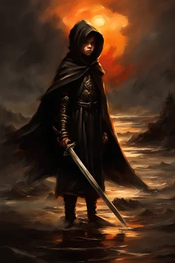 A formidable warrior-a 10-year-old boy in a black robe with a hood, on the background Amazing gloomy landscape, flooded with sunset, mountains, trees, fabulous scary hero, , juicy emotions, painting, dark fantasy, bad weather, gloomy day, dark world, by Raymond Swanland & Anna Razumovskaya & James Paick & Alyssa Monks