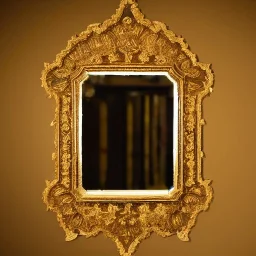 A 4K photo of A long ornate gold mirror. The mirror is fractured and broken into 100 symmetrical pieces