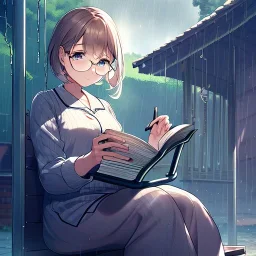 anime girl sitting on a porch swing of an old house, journaling, wearing pajamas,sitting next to a cup of coffee, writing in a book, shes watching it rain, more detail on hands and her face,shes deep in her thoughts, wearing glasses, rain drops