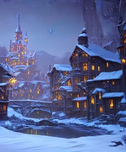 A magical snowy warlock castle with river canals in Christmas time