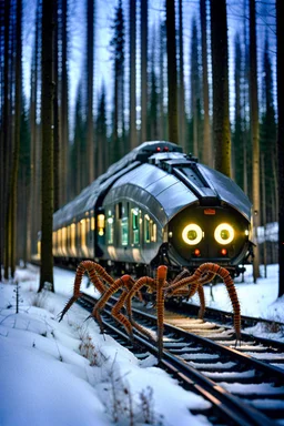 Subject( A centipede bug train robot cyberpunk futurism), Location(A forest with a futuristic train station, Forest, Alberta, night, Feb, 1994), Frame(wide shot of passenger facesinterior train), Cam( Nikon, R3, anirmorphic lens, extreme bokeh blur, analog film grain,fuji film, color fading, film scratches, mold, vinegar syndrome, dirt, dust, emulsion damage, water damage, film tears, Cinemascope mumps, gate hair)