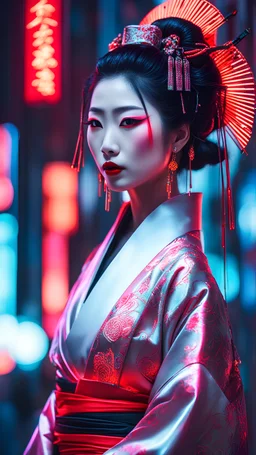 a captivating image of a cyberpunk geisha adorned with neon-lit traditional attire. Emphasize the contrast between the classic elegance of a geisha and the futuristic glow of neon lights in a bustling cityscape