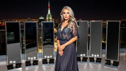 very beautiful model lady with makeup and beautiful modern fashion midi pleated velvet dark silver lace skirt with lace edges and modern loose lace top with a loose over, curvy silver long hair, standing in a modern city open satge with 8 cubic mirrors(each with 4 equal hight and equal width, vertical mirror), each vertical on its own short rotating base. with some small lights on crystal frames, on roof of a skyscraper with city escape at background, with animating dynamic lights with high