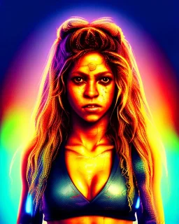 portrait, Shakira, blonde artist, angry, Realistic image, MMA robe, hoodie, mouthguard, nose, band aid, loose long hair, eyes make up, perfect, glow, circle iris. Rain, fog, Neon colors, leds. Dark background, photo studio, neon lights. concept art, smooth, unreal engine 5, god lights, ray tracing, RTX, lumen lighting, ultra detail, volumetric lighting, 3d, finely drawn, high definition, 4k.