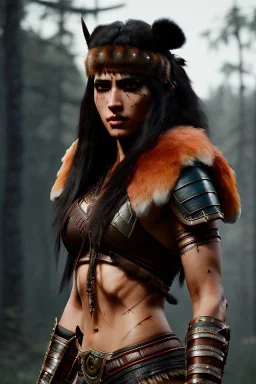 Barbarian character, animal hide armor, physically fit, tribal tattoos, scars, washboard abs, red facepaint, dark eyeshadow, intricate eyeliner, soft round eyes, beads in hair, 8k resolution, cinematic smooth, intricate details, vibrant colors, realistic details, masterpiece, oil on canvas, smokey background
