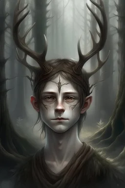 A fantasy portrait of a thin teen boy a with small elegant antlers standing amongst a misty forest, pale skin, long wispy hair, lean and athletic, wearing loin cloth, dark background, growling light above, delicate line work, intricate details,