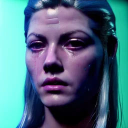 Actress, young Katheryn Winnick, android woman, blade runner style, rain, fog, neon ambient, gradient, clean skin, circuits, plastic coat, cyber punk, neon, army, tubes, blood, portrait, studio photo, unreal engine 5, smooth color, 16 bit, god lights, ray tracing, RTX, lumen lighting, ultra deatail, volumetric lighting, 3d, finely drawn, hd.