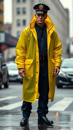 classic vintage retro nypd full body color policeman wtih heavy yellow rain transparent coat