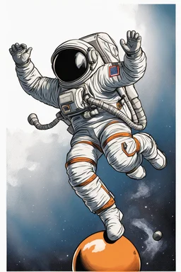 An astronaut is sitting wide legs on a ball, side view, nearly falling off, arms in the air,.looking frightened