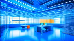 Capture the essence of a futuristic office in a visually striking image. Envision the subject as an office space rendered in a digital wireframe, with 3D cubes forming its structural elements. Ensure the style reflects that of futuristic photography, highlighting the sleek and modern aspects of the space. Incorporate a color palette dominated by light blue and orange tones to infuse a harmonious and dynamic atmosphere into the composition. Aim for a seamless blend of the digital wireframe