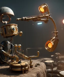 happy mechanoid person playing jazz with a steampunk theme, realistic