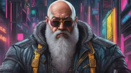 Old man, big beard, Bald hair, in cyberpunk drawing, venom model , neon, intricate details, highly detailed, high details, detailed portrait, masterpiece,ultra detailed, ultra quality