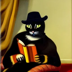 oil portrait of a cat with hat reading a book in a living room with fireplace and smoking a pipe by Diego Velázquez 8k