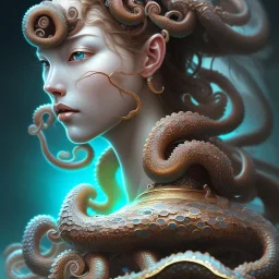 Sango fantasy, fantasy magic, intricate, sharp focus, illustration, highly detailed, digital painting, concept art, matte, art germ and Paul Lewin and Kehinde Wiley, masterpiece Japanese lady head bronze octopus Asian African girl nice breast Thai hair turquoise silver blue waves