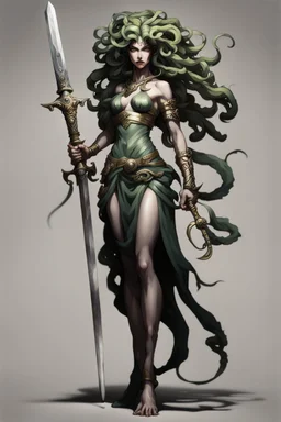 full-length persona, detailed, sword in hand, gorgon medusa