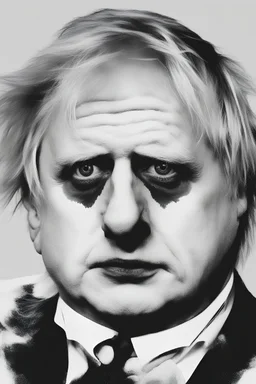 Boris the Sad Clown: AI created image of Boris Johnson as a sad clown in a black and white image. As a politician he always used clown-like antics to make him look more relatable - so what a fitting image.