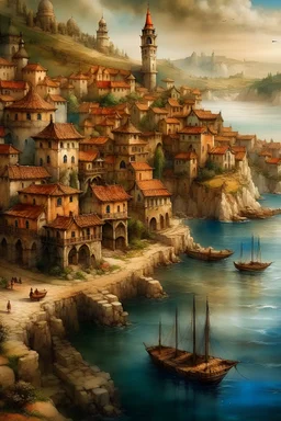 Water paint, landscape painting of a medieval coastal city, coastal. Medieval, Old timey