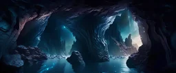 rocky cave . rocky cliff, carved into the rock, galaxy, infinity, space. water , sci-fi.