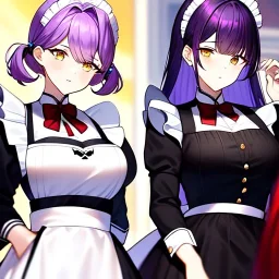 Clear focus, 8k, high quality, detailed, beautiful lighting, vibrant colors, purple hair, vibrant golden eyes black and red maid outfit