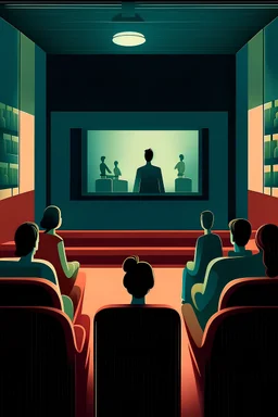 poster for movie night advertisment without text, where there is a cinema room with some people, make it not so bright and use calm colors