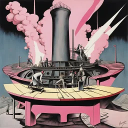 students hunched over desks on conveyor belt going into a blast furnace, style by Gerald Scarfe and Yves Tanguy, rock album cover, deep colors, surrealism, moody, dramatic, Pink_Floyd aesthetics