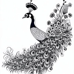 white, A peacock white flower borders, line art, white background, outline, with images neatly contained within the background, just black and white color, full body, no color. Different view