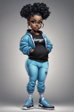 Create an airbrush image of a curvy chibi cartoon black female wearing a light blue jogger set and black sneakers. Prominent make up with hazel eyes. Extremely highly detailed of messing curly bun