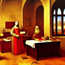 leonardo da vinci works in his study on a laptop at his desk. painting in photoshop. hyperdetailed, warm colors, movie poster, photoillustration, oil on canvas, lens flare