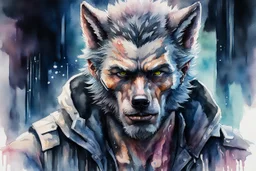 wolf man, cyberpunk in watercolor, fine rendering, high detail, high resolution, 8K