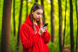 young woman in red clothing standing in a forest holding a smartphone