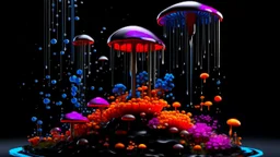 Exotic Flora, fauna, mushrooms, fungi and coral dripping black liquid in a Multiverse background