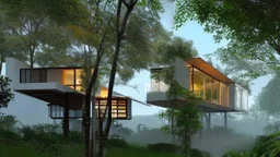 modern house by a big water falls in a karstic montain rain forest