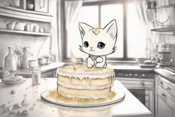 birthday cake, black and white chibi kitten in a beautiful kitchen, heart and love in the sunshine, watercolor and black ink outlines, sparkling golden glitter, ethereal, cinematic postprocessing, bokeh, dof