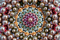 3d Kaleidoscope recursive made of a metallic random color pearl spheres,hexagon diamonds, turning many times likr Spirograph drawing Kaleidoscope Ruler Set creation
