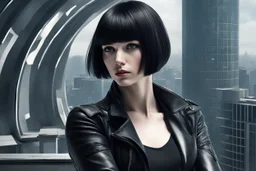 girl wearing black leather, shoulder-length bob, with fringe, in a science fiction building looking out over a large city