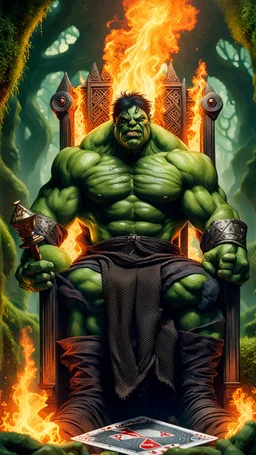 Framed playing card illustration, close-up of Mubarak Saeed Tahir melted old magic flaky slimy alien hulk Avengers Mad Max poses for a photo on the throne, holding a burning scepter, in a massive hulk with stairs and bridges woven into a sacred temple geometric woven fabric in the middle of a lush magical forest, Bokeh like f/0.8, 8K tilt lens, high detail, smooth rendering, downlight, Unreal Engine, award-winning