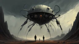 Creepy Mechanical Designs, a strange surreal fantasy world, science-fiction painting by Alex Andreev, James Clyne, Jeremy Hanna, Alexey Egorov, Louis Laurent, Caravaggio, Denis Simon Stålenhag, sinister skies, eerie human forms {huge Creatures intimately populate the harsh landscape}, huge drama, intense, unnerving, terrifying but palatable art, Brooding and atmospheric, digital-analog, techno gothic noir, sci-fi horror, dark space, techno gothic, industrial post punk, avant garde dystopian