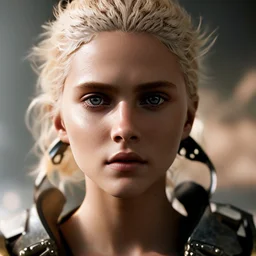 Photorealistic close-up of a beautiful blonde warrior with dystopian clothes and background