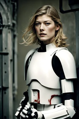 [Rosamund Pike] Rosamund's provocation had failed to elicit the reaction she'd hoped for. The torturer merely wiped the spittle from his face and backhanded her hard across the cheek. Her mind raced as he methodically began tearing away pieces of her white stormtrooper armor, examining each component with twisted curiosity before casting it aside. She had to get free, but how? As long as the energy bars were engaged, escape was impossible. A desperate plan formed. When next the electro-spike