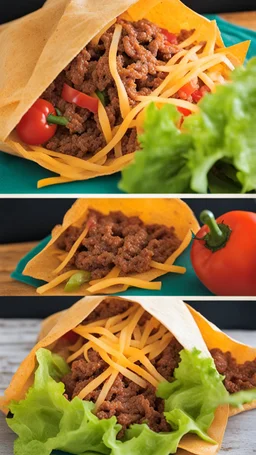 "Taco in a Bag" which consists of an open Doritos chip bag containing Doritos chips and cooked ground beef and lettuce and shredded cheese and tomato pepper and onions, food blogger photography