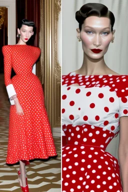Royal role model! Bella Hadid channels Princess Margaret's style from her 1955 visit to Trinidad in a red polka dot dress and white gloves on the Rodarte catwalk